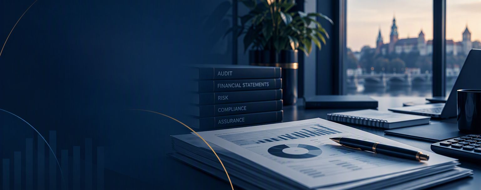 Desk with financial reports by a window overlooking Wawel Castle